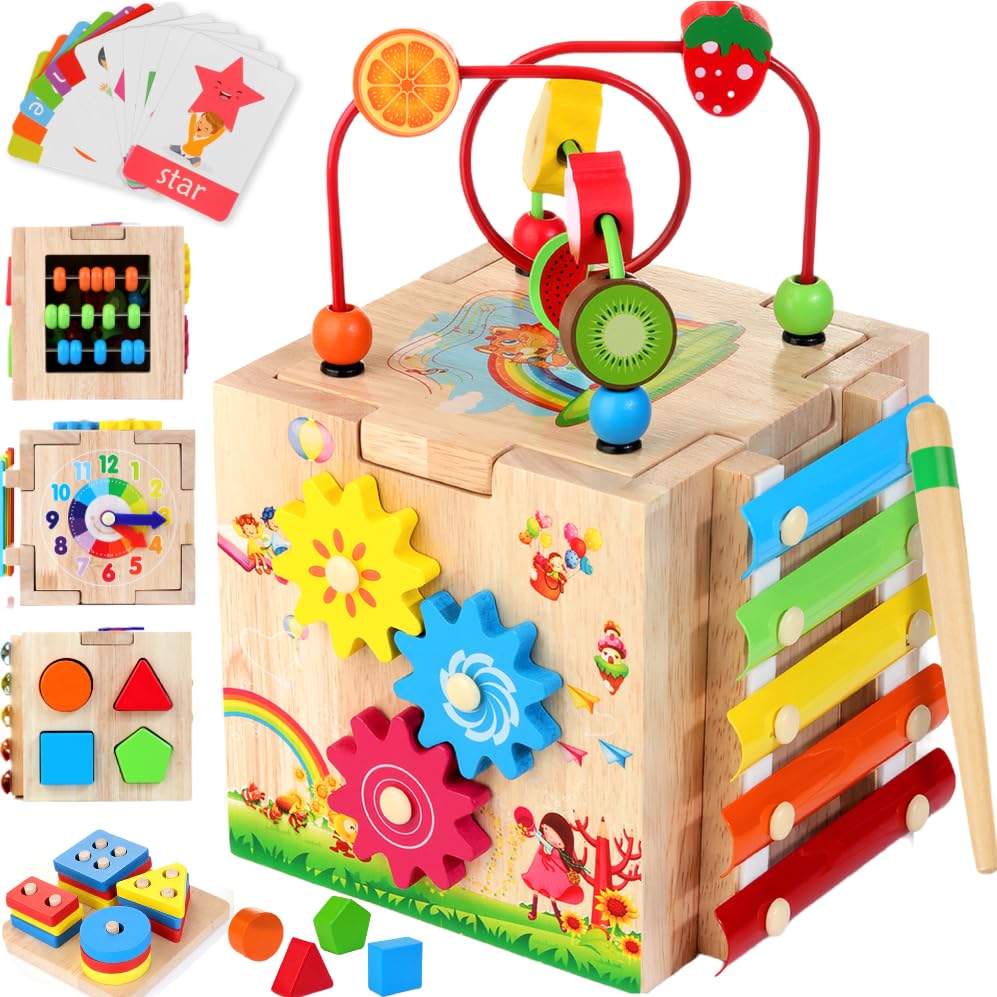 8-in-1 Montessori Wooden Activity Cube – Educational Toy with Word Cards – Ages 1+