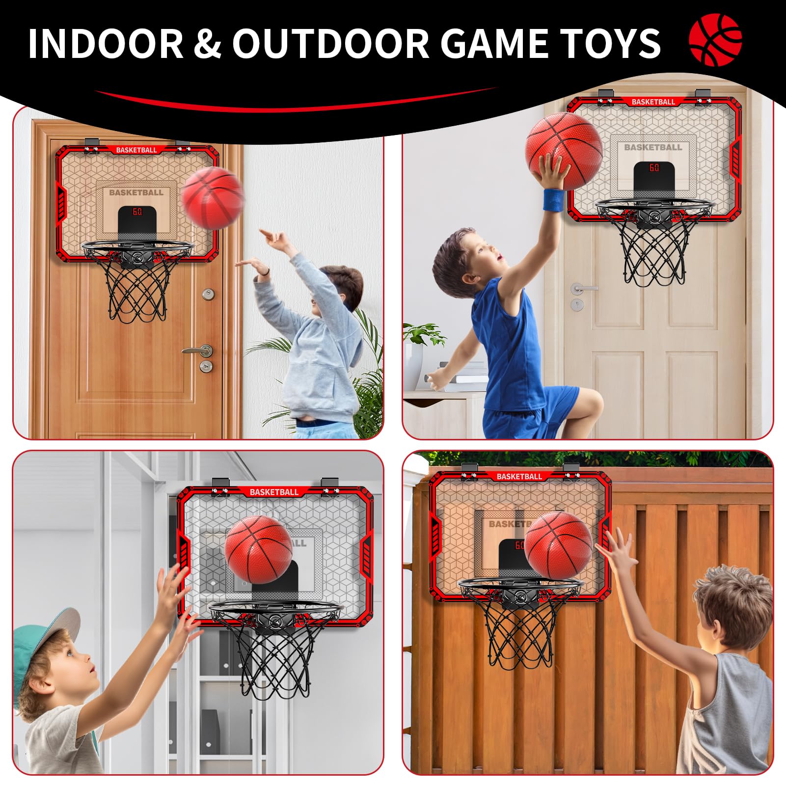 Indoor Basketball Hoop for Kids – Scoreboard & 4 Balls – Ages 3–12