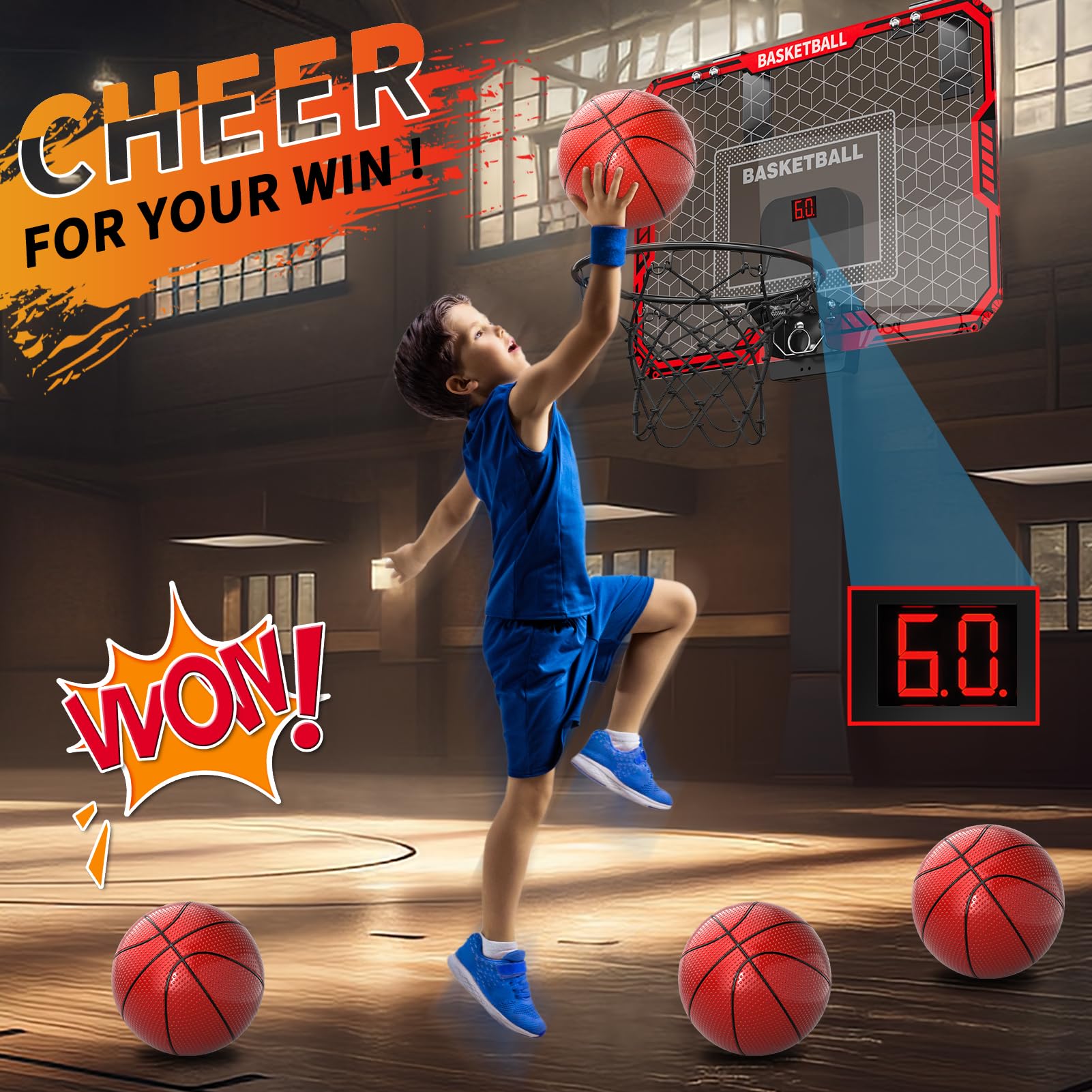 Indoor Basketball Hoop for Kids – Scoreboard & 4 Balls – Ages 3–12