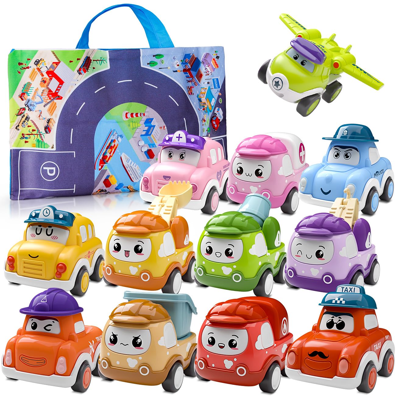 Mini Pull-Back Truck Set with Playmat – 12 Pieces – Ages 1–2