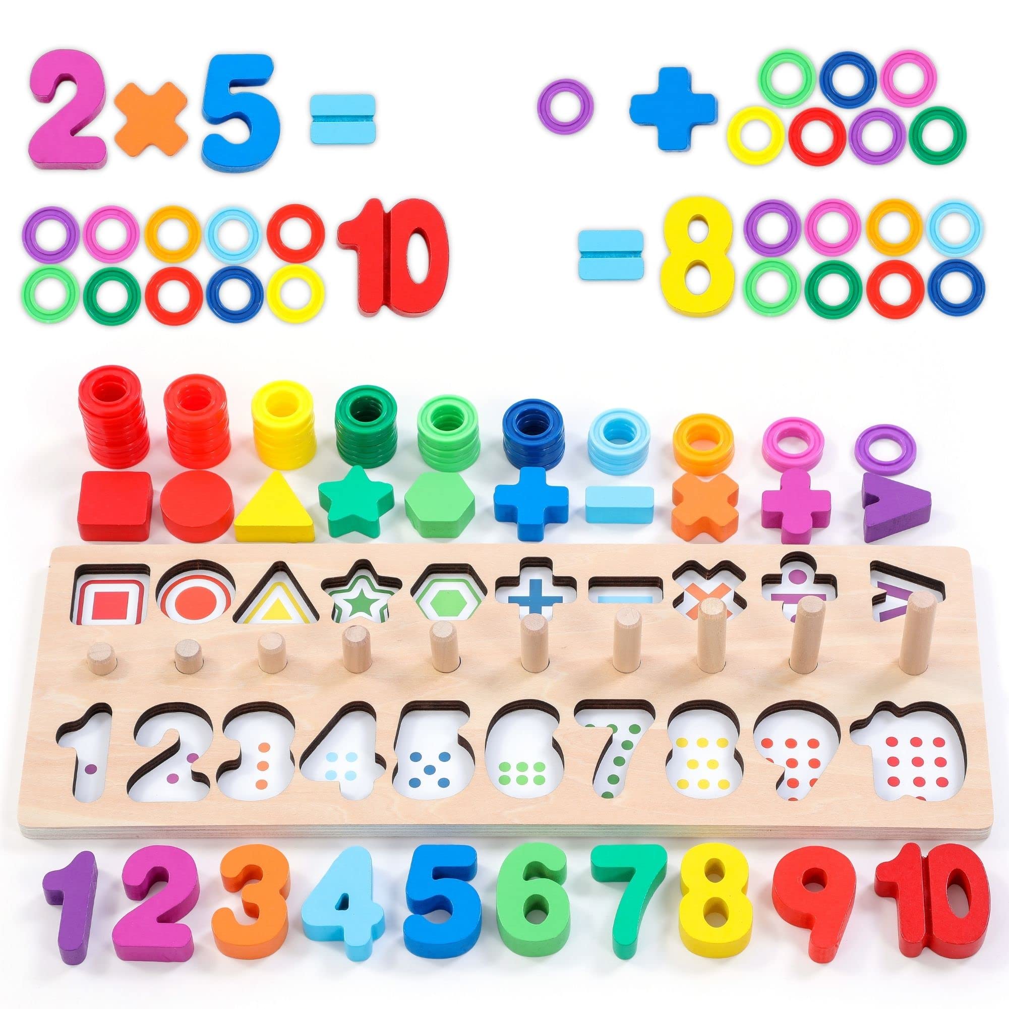 Wooden Montessori Toy – Rainbow Number, Shape & Counting Puzzle – Ages 1+