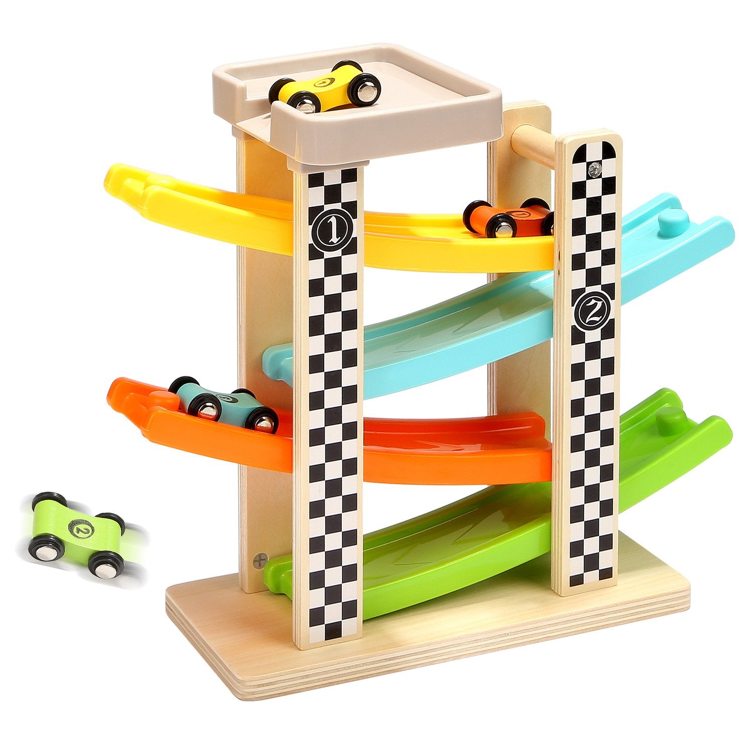 Wooden Race Track Car Ramp with 4 Mini Cars – Toddler Toy for Ages 1–2
