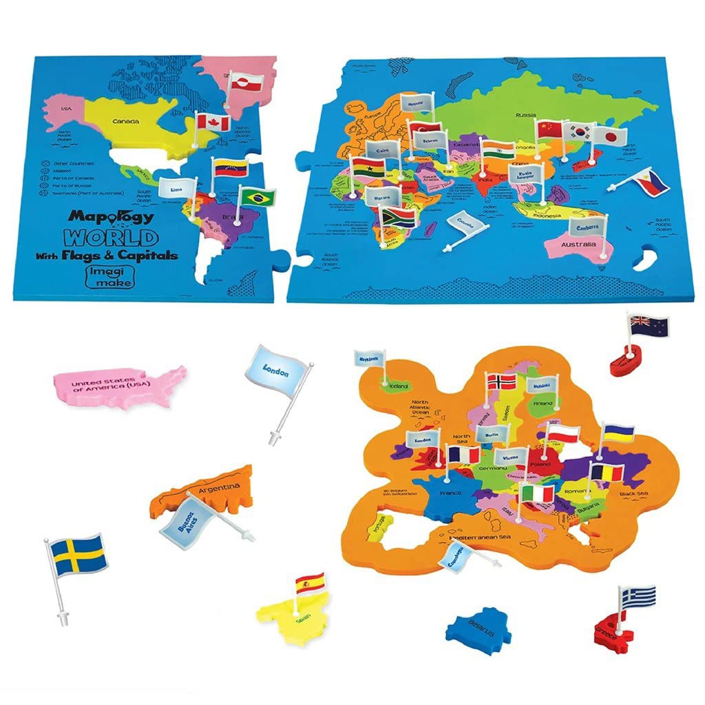 World Map Puzzle – Flags & Capitals – Ages 5–13 Educational Toy